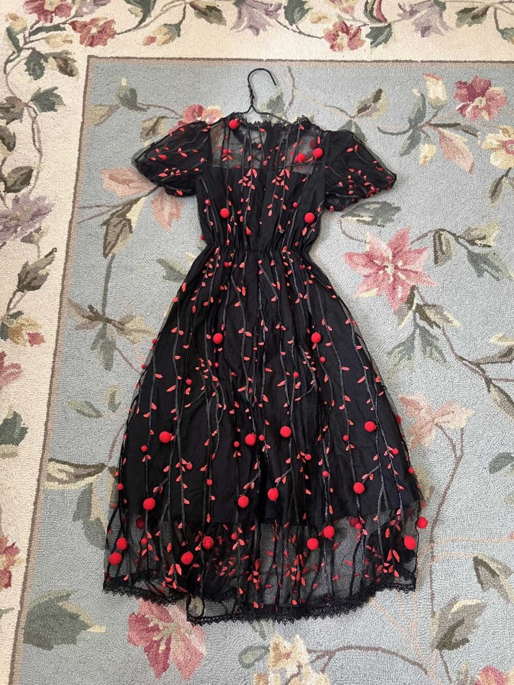 Darkrose Black Mesh Dress Red Pom Pom Embroidered Girls Size 8-10